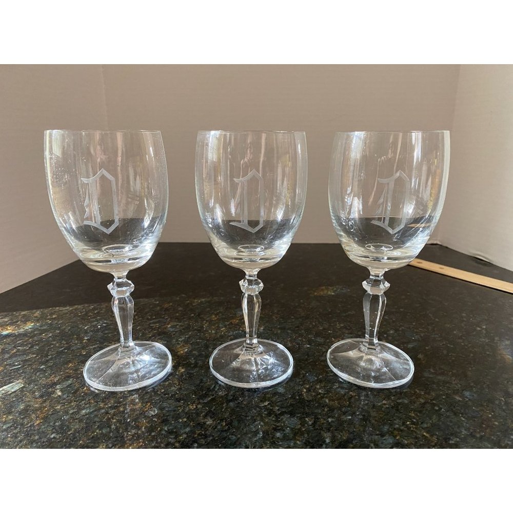 Etched Monogrammed Cursive "D" Crystal Wine Glasses (Qty. 3)